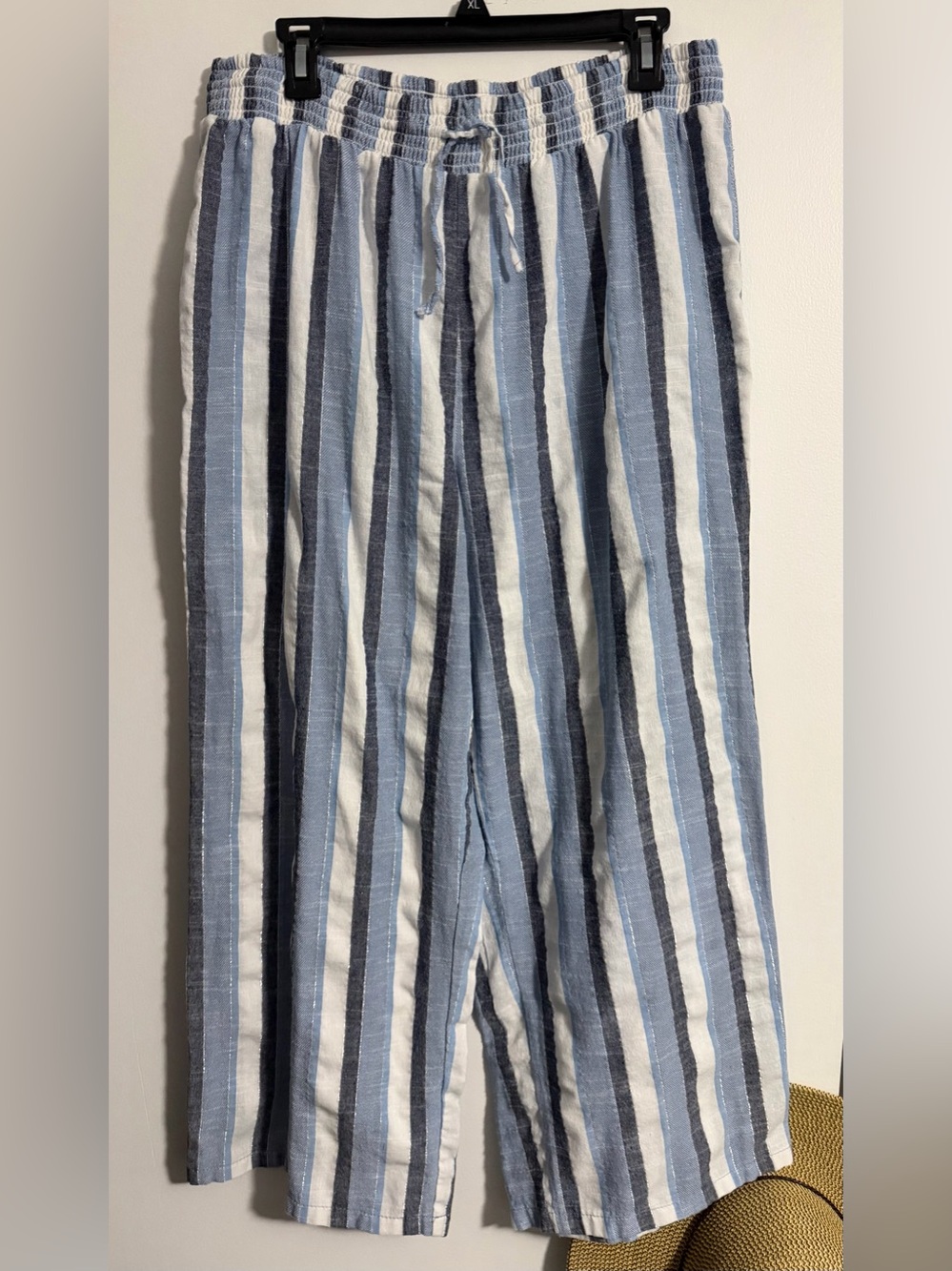 Mlle Gabrielle Blue and White Metallic Striped Cotton Wide Leg Pants